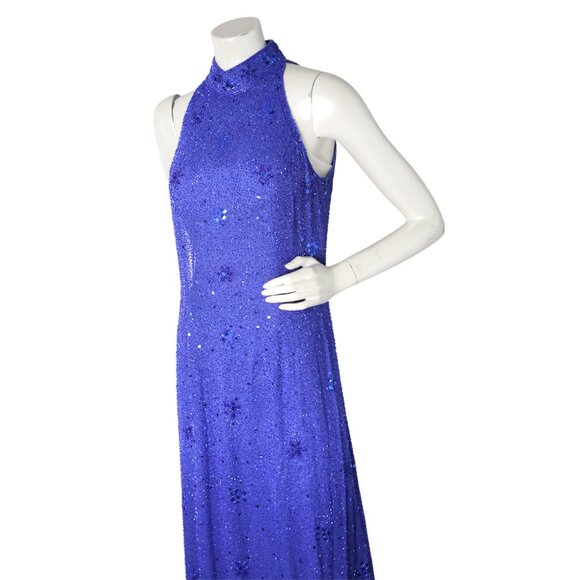 Avanti Silk Beaded Sequin Long Evening Gown Halter Formal Dress Royal Blue Party - Picture 4 of 16